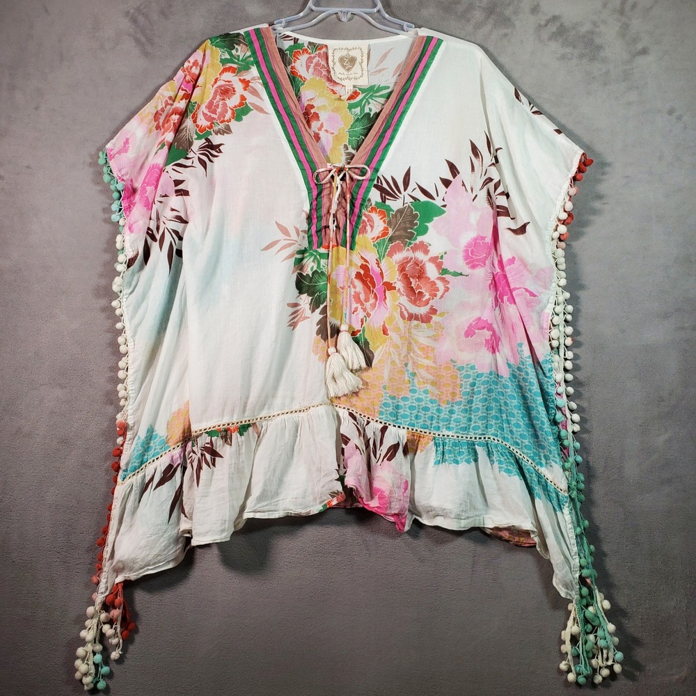 Z&L Europe Kaftan Top Womens OS White Floral Pom Pom Tassel Boho Beach Festival